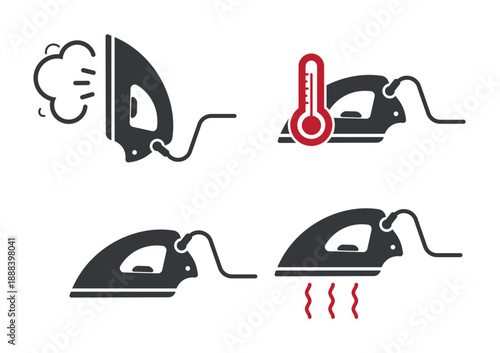 Bundle pictogram set featuring electric iron, steam iron, and caution hot symbol, designed for consumer safety