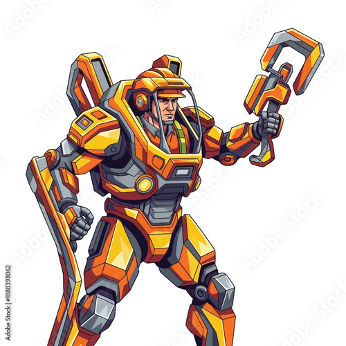 Futuristic Orange Mech Suit Warrior Holding Weapon.