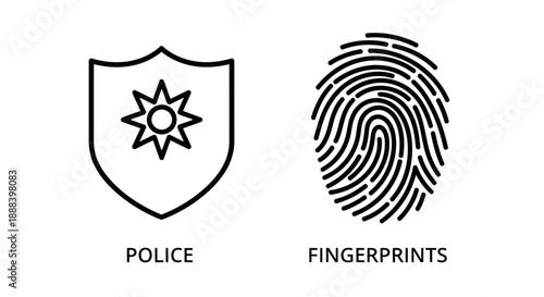 Police Badge and Fingerprints in Simple Line Art with Black and White Color Scheme for Law Enforcement Iconography