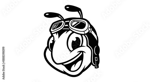 Cartoon ant pilot smiling with goggles and helmet isolated on white