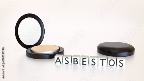Valokuva 3D render of ASBESTOS on white blocks over an open makeup compact