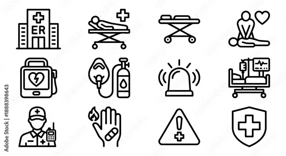 Fototapeta premium 12 Emergency Medical Services and Critical Care Outline Icons