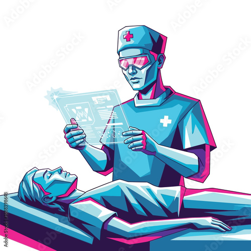Futuristic Surgeon Examining Patient with Holographic Medical Data.
