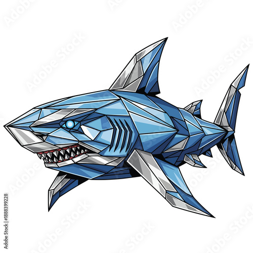 Geometric Blue Shark Illustration with Sharp Teeth.