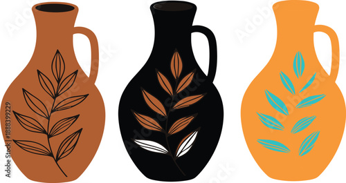 Flat vector set of decorative ceramic vases with botanical leaf patterns in modern minimalist home decor style