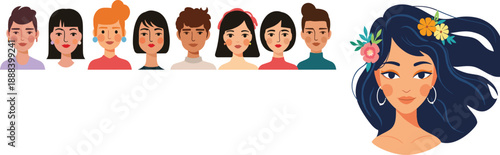 Flat vector set of female avatar portraits with diverse hairstyles and elegant woman illustration with floral hair accessories
