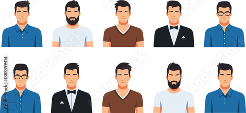 Flat vector set of male avatar portraits with different hairstyles, beards, glasses, and formal casual clothing styles