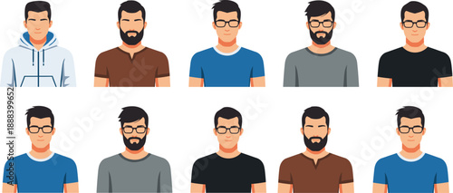 Flat vector set of male avatar portraits with different hairstyles, beards, glasses, and casual clothing styles