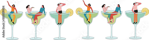 People partying inside cocktail glasses vector illustration set showing nightlife celebration, drinks, music, fun, and social lifestyle concept