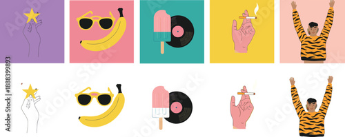 People partying inside cocktail glasses vector illustration set showing nightlife celebration, drinks, music, fun, and social lifestyle concept