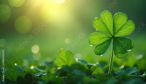 Wallpaper Mural Bright green four leaf clover plant glistens with dew drops. Gentle sun rays create soft bokeh in lush meadow. Symbol of luck and new beginnings. Torontodigital.ca