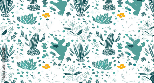 Seamless cactus and succulent pattern vector illustration with desert plants, floral elements, hand drawn botanical shapes, and modern design