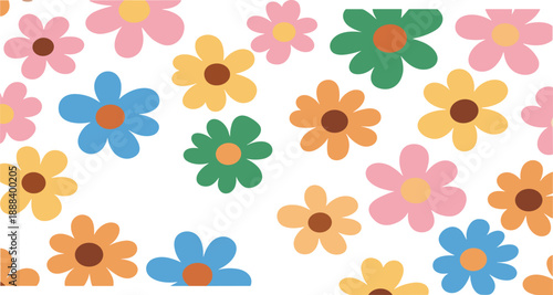 Seamless flat vector pattern of colorful simple flowers in playful retro style for spring and summer designs