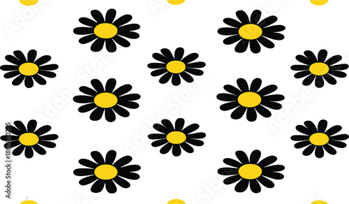 Seamless daisy flower pattern vector illustration with black petals and yellow centers, minimal floral background design