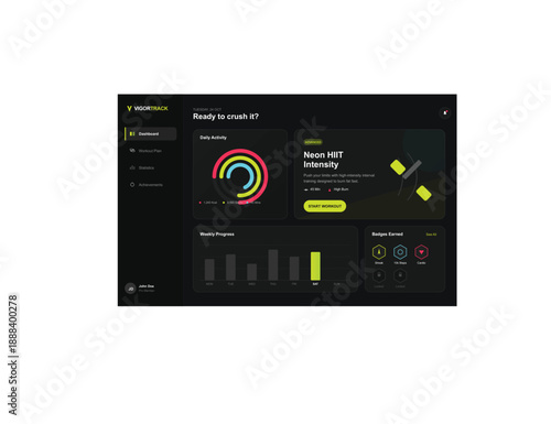 "A sophisticated fitness dashboard utilizing a deep charcoal dark mode theme punctuated by vibrant neon accents in lime green, electric blue, and hot pink. The design balances clinical precision 