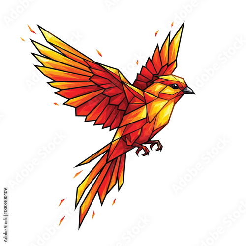 Geometric Phoenix Bird Illustration with Fiery Wings.