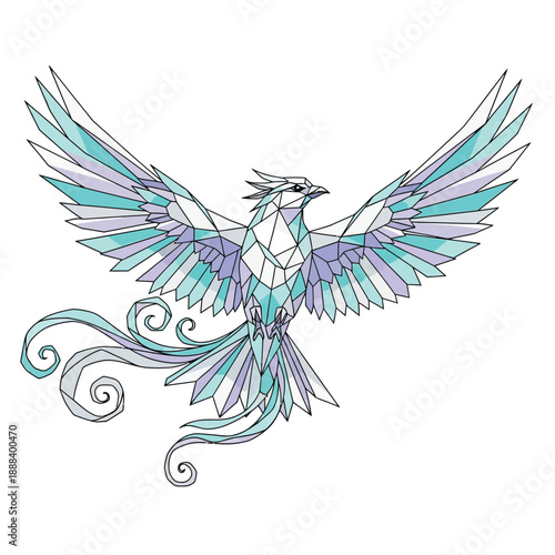Geometric Phoenix Bird with Spread Wings and Flowing Tail Feathers.
