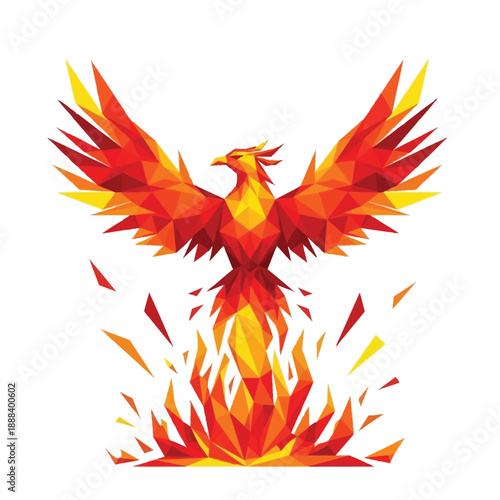 Geometric Phoenix Rising from Flames, Symbol of Rebirth.