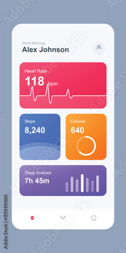 "A vibrant and clean mobile health dashboard featuring bold, color-coded widgets for heart rate, steps, calories, and sleep. The visual mood is modern, professional, and optimistic, utilizing 