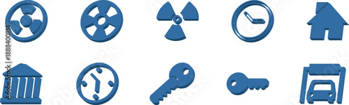 3D Utility Icon Set (Fan, Settings, Radioactive, Clock, Home, Bank, Time, Key, Upload) – Vector Icons, Transparent Background