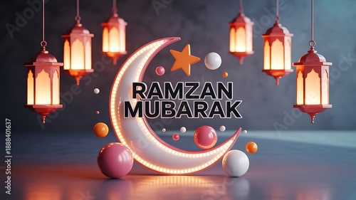 Bright crescent moon with Ramzan Mubarak text and hanging lanterns against a textured background