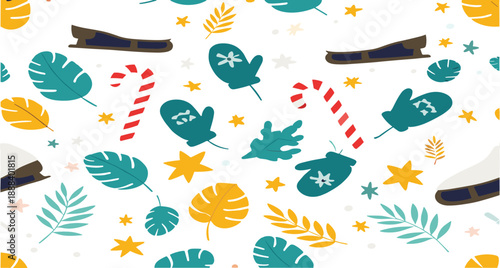 Seamless winter holiday pattern vector illustration with mittens, ice skates, candy canes, leaves, stars, and festive decorative elements