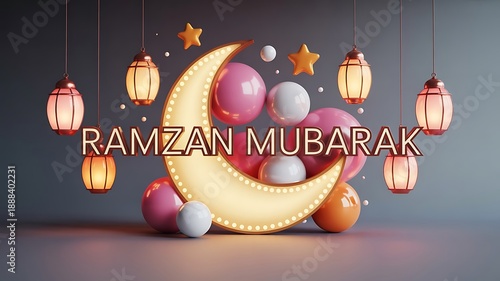 Festive Ramzan Mubarak crescent moon with hanging lanterns and decorative spheres
