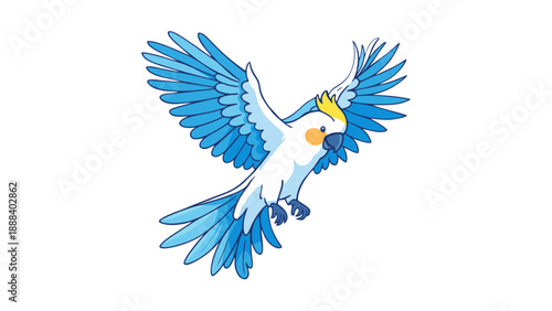 A vibrant vector illustration of a light blue and white cockatoo in flight with its wings spread wide.