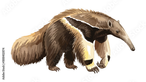 A detailed illustration of a giant anteater showcasing its long snout, bushy tail, and distinctive black and white shoulder stripe.