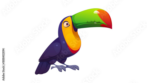 A vibrant, colorful illustration of a Toucan bird, characterized by its oversized, multi-colored beak and tropical appearance.