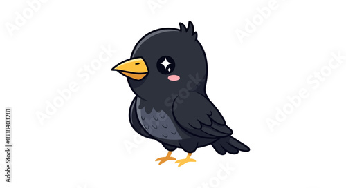 Cute cartoon black bird with a bright yellow beak and a sparkling eye providing an adorable and