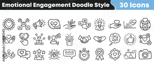 Collection of thirty unique emotional engagement doodle style line icons representing connection, communication, and customer satisfaction concepts