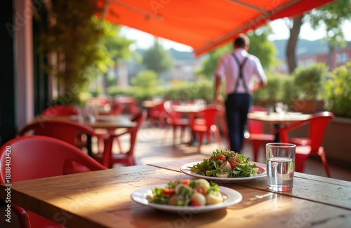 Outdoor cafe terrace tables are set for lunch. Plates with fresh salads sit on wooden table. A waiter walks past red chairs under an orange awning. Enjoy a summer meal outside.