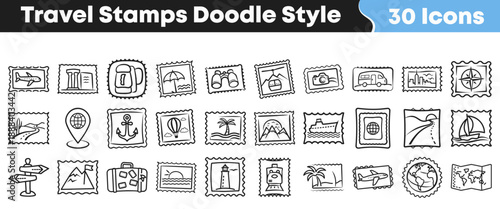 Thirty black and white doodle style travel stamps featuring various vacation destinations transportation and landmarks icons in a set