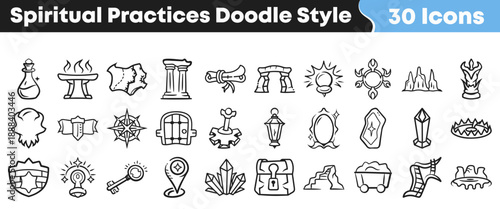 Collection of thirty unique doodle style icons representing various spiritual practices arcane artifacts and mystical elements for game design.