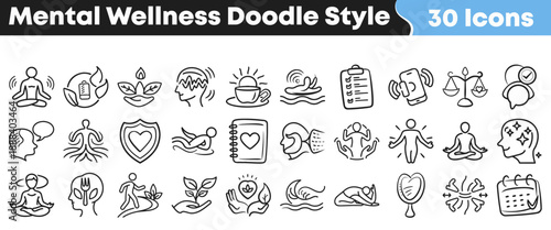 Thirty doodle style icons illustrating concepts related to mental wellness self care meditation and healthy living routines
