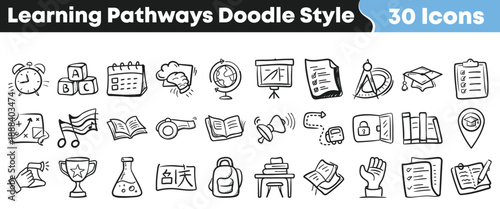 Collection of thirty doodle style icons representing various learning pathways educational concepts and school activities for design