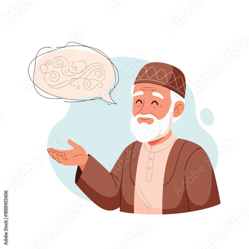 Thoughtful elderly man with a traditional cap and beard, gesturing expressively while conveying a story or offering advice, embodying wisdom and cultural heritage
