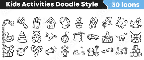 A collection of thirty hand drawn doodle style icons representing various children's toys and engaging playful activities for kids