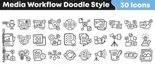 Collection of thirty hand drawn media workflow icons illustrating content creation production editing and distribution processes