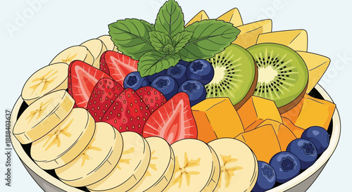Colorful Mixed Fruit Bowl with Bananas strawberries kiwis blueberries and mango slices vibrant