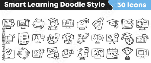 Collection of thirty hand drawn doodle style icons representing various concepts related to smart learning digital education and academic achievement