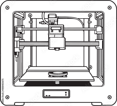 3D printer Hand-drawn Sketch Drawing Vector Illustration, Line Linear Symbol Engraving Coloring Book, Black and White Isolated