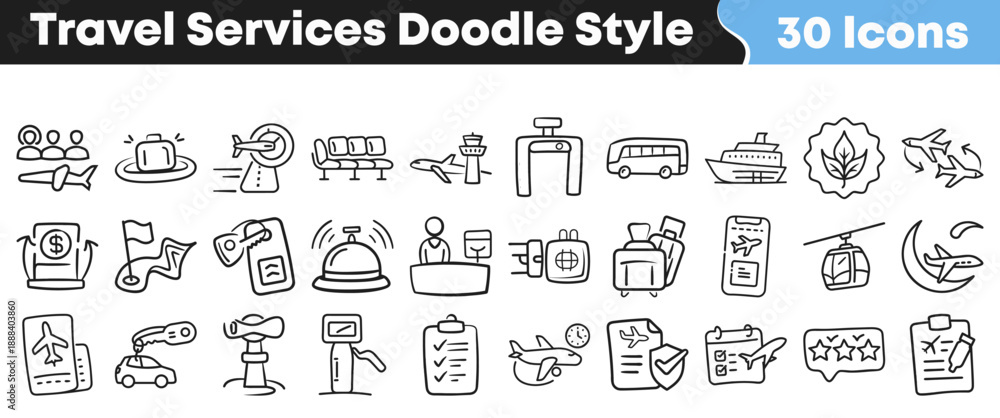 Naklejka premium Collection of thirty hand drawn travel services doodle style icons representing various transportation booking and hospitality elements