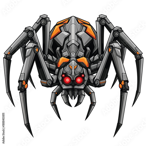 Mechanical Spider Robot with Red Eyes and Orange Accents.