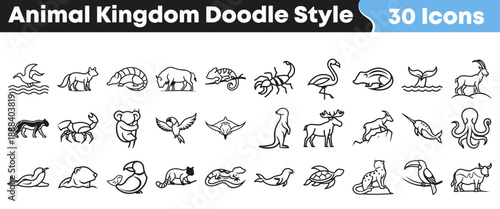 Collection of thirty distinct black and white doodle style icons representing diverse animals from various habitats across the globe