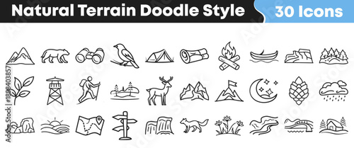 Thirty distinct hand drawn doodle style icons representing various natural terrain elements perfect for outdoor adventure themes