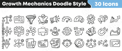 Collection of thirty hand drawn doodle style icons representing various essential business growth mechanics and marketing concepts for presentations