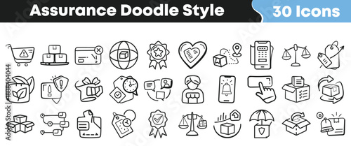 Collection of thirty hand drawn doodle style icons representing various assurance quality control and customer service concepts for digital design projects
