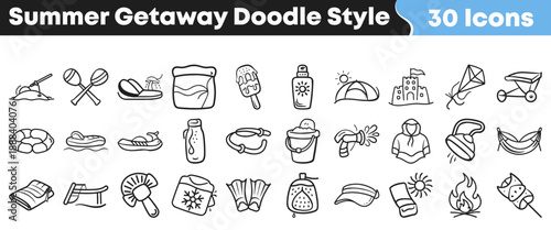 Collection of thirty hand drawn doodle style black and white icons representing various summer getaway and vacation activities and objects